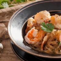 L Pad Woon Sen · (serve w/rice)  Stir-fried cellophane noodle, egg, onion, scallion, carrot and fungus mushro...