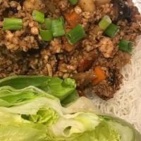 Chicken Lettuce Wrap · Minced chicken with carrot, mushroom, water chestnuts topped with  scallion.