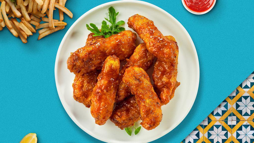 Blazing Bbq Tenders · Chicken tenders breaded and fried until golden brown before being tossed in barbecue sauce. Served with your choice of dipping sauce.