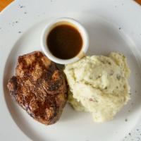 Filet Mignon · Tender 8oz char-grilled filet, lightly seasoned and served with one side item
