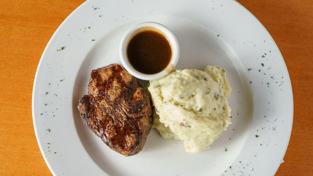 Filet Mignon · Tender 8oz char-grilled filet, lightly seasoned and served with one side item