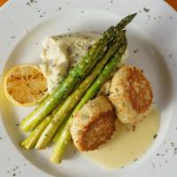 Crab Cakes · Two New England-style crab cakes, pan-seared and served with mashed potatoes and asparagus, ...