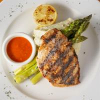 Atlantic Grilled Salmon · Fresh Atlantic salmon grilled to perfection, served with mashed potatoes and sautéed asparag...