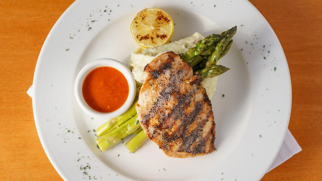 Atlantic Grilled Salmon · Fresh Atlantic salmon grilled to perfection, served with mashed potatoes and sautéed asparagus, dressed with honey-tomato vinaigrette sauce