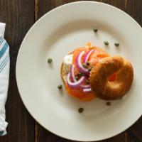 Henry Anthony · Smoked salmon on a toasted bagel with cream cheese, red onions, and capers.