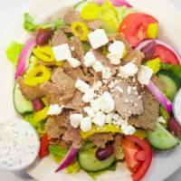 Greek Gyro Salad · Romaine lettuce, roma tomatoes, cucumbers, purple onions, feta cheese, kalamata olives, bana...