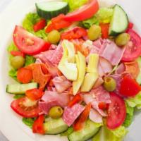 Italian Bella Donna Salad · Romaine lettuce, roma tomatoes, cucumbers, cappy ham, genoa salami, pepperoni, roasted red p...