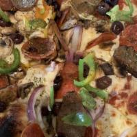 Kitchen Sink · Italian sausage, pepperoni, bell peppers, mushrooms, red onions, calamata olives, marinara a...
