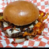 Stir Fry Burger · Single patty topped with grilled onions, sweet peppers, banana peppers, grilled mushrooms, s...