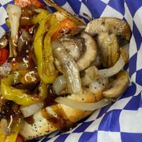 Stir Fry Polish · polish sausage topped with grilled onions, mushrooms, sweet peppers, banana peppers, then dr...
