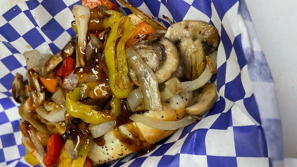 Stir Fry Polish · polish sausage topped with grilled onions, mushrooms, sweet peppers, banana peppers, then drizzled with sweet Thai chili and teriyaki sauce