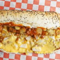 Chili Cheese Dog · Topped with homestyle chili, white queso, chopped onions and celery salt.
