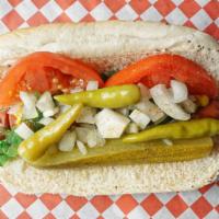 Chicago Dog · Mustard, relish, pickles, tomatoes, chopped onions, celery salt and sport peppers.