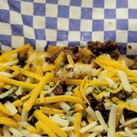 Bacon Cheesy Cheese Fries · Herb seasoned fries topped with our own blend of nacho cheese sauce, then sprinkled with shr...