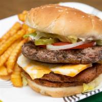 Drunk Man Burger · 2 Patties:  100% Ground beef patty + Louisiana Patton's hot sausage patty, cheese, on a bun ...
