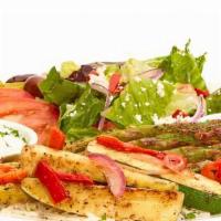 Grilled Veggie Feast · 910 calories. Grilled zucchini, squash, red peppers, red onions, asparagus, and tomatoes, se...