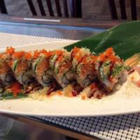 Danny Roll · Lobster tempura inside top with spicy crab and avocado. Spicy mayo and eel sauce.