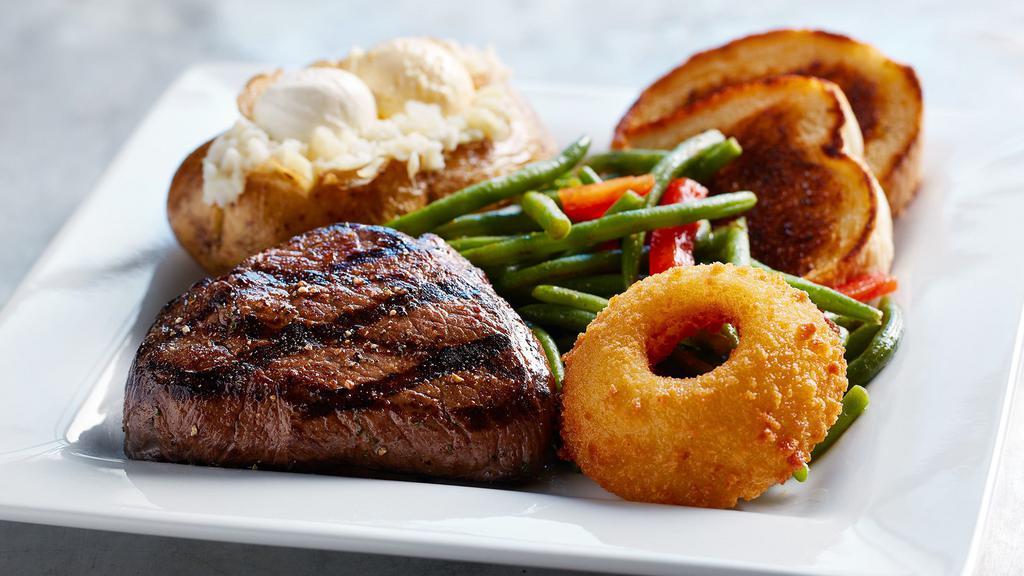 Thunderbird Sirloin Steak · USDA center cut 8 oz. sirloin has been aged for a minimum of 25 days to enhance flavor. Served with grilled garlic bread, plus your choice of two regular sidecars.