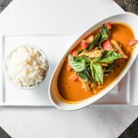 Red Curry  · Spicy. Choice of red curry, green curry, Massaman Curry, Panang Curry, all curry dishes serv...