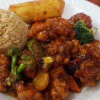 General Chen'S · Hot. Breaded and tossed in a sweet spicy brown sauce with carrots, broccoli, snowpeas and wa...