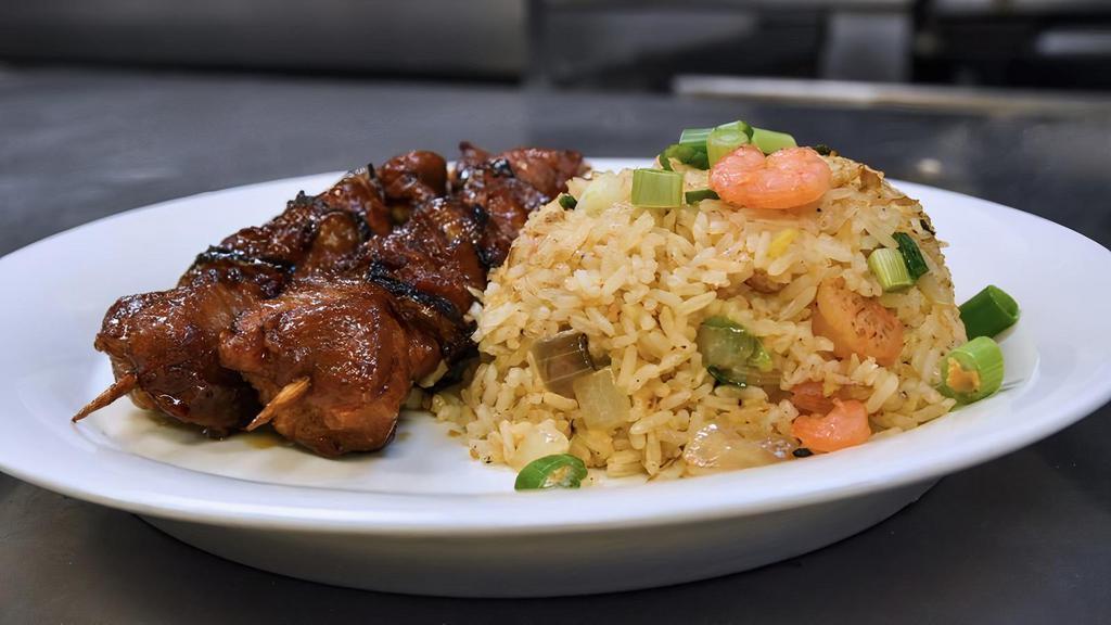 Shishkabob Plate · Two Chicken Shishkabobs dipped in our house made Teriyaki Sauce, served with our signature Shrimp Fried Rice..