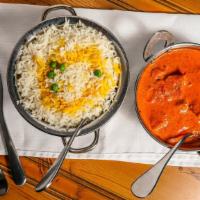 Chicken Tikka Masala · Chicken Breast meat cooked in paste of tomato, onions, fenugreek leaves, almond, and cashew ...