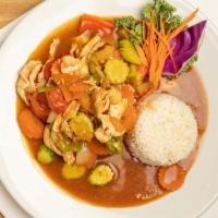 Pad Preaw Warn · Sliced chicken sautéed with pineapples, cucumbers, carrots, onions, green bell peppers and t...