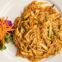 Pad Thai · Thin rice noodles stir-fried with shrimp, beansprouts, tofu, scallions, egg, and crushed pea...
