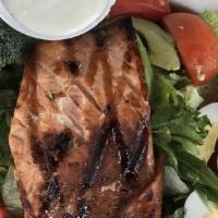 Coach Rob'S Grilled Salmon Salad · Mixed greens, egg, fresh raw broccoli, cucumber an sliced red peppers topped with marinated ...