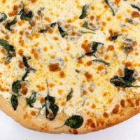 18” White & Spinach · garlic ricotta base, mozzarella cheese, fresh spinach