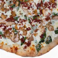18” Chicken Bacon Florentine · Our popular White & Spinach pizza with tender fire braised chicken & bacon