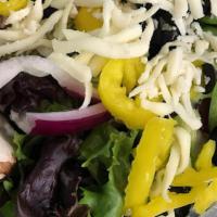 Little Italy Salad · organic spring mix, mozzarella, fresh mushroom, red onion, green & banana pepper, black olive.