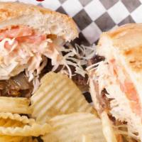 Dominican Chimi · Traditional Burger Meat with Dominican flavors, tomatoes, thin sliced cabbage, grilled onion...