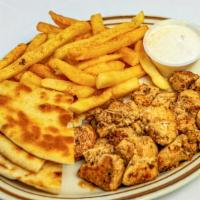  Chicken Souvlaki Plate · An American delight of grilled,marinated chicken tenders 
Served with a dinner salad, pita b...