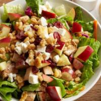 Waldorf Salad | Apple Cider Vinaigrette · Tender chicken breast, apples, grapes, dried cranberries, candied walnuts, and feta cheese o...