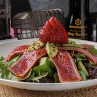 Ahi Tuna Salad · Open wide and say AHI. Just seared tuna slices, cucumber, avocado and strawberries piled on ...
