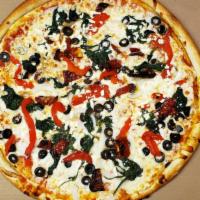Greek Pizza · Feta cheese, spinach, roasted red peppers, onions, sun-dried tomatoes, black olives.
