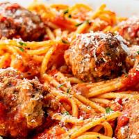 Spaghetti With Meatball · Spaghetti topped in our homemade meatballs.