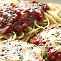 Chicken Parmigiana · Served with a side of Spaghetti , small House Salad and Garlic Bread