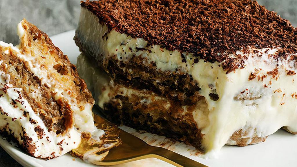 Tiramisu · A delicious coffee-flavored Italian dessert. Ladyfingers dipped in coffee, layered with a whipped mixture of eggs, sugar & mascarpone cheese, flavored with cocoa.