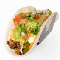 Fajita Chicken Taco · Grilled chicken, sautéed onions and peppers, guacamole, sour cream, Cheddar-Jack cheese, and...