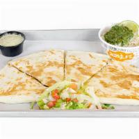 Chicken Bacon Ranch Quesadilla · Grilled chicken, cheddar-jack cheese, house-made queso, poblano ranch, and bacon served with...