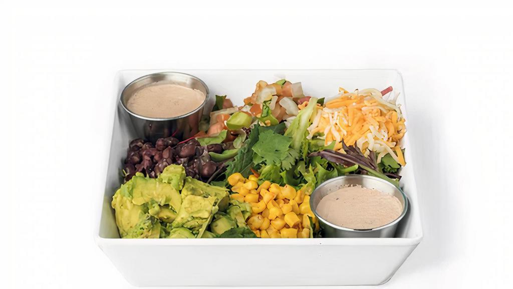 Southwest Half & Half · Black beans, roasted corn, avocado, pico de gallo, cheddar-jack cheese on cilantro pesto rice, and salad greens with your choice of our house-made dressings.