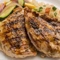 Grilled Chicken Breast · With rice & seasonal vegetable. This item can be prepared gluten free.