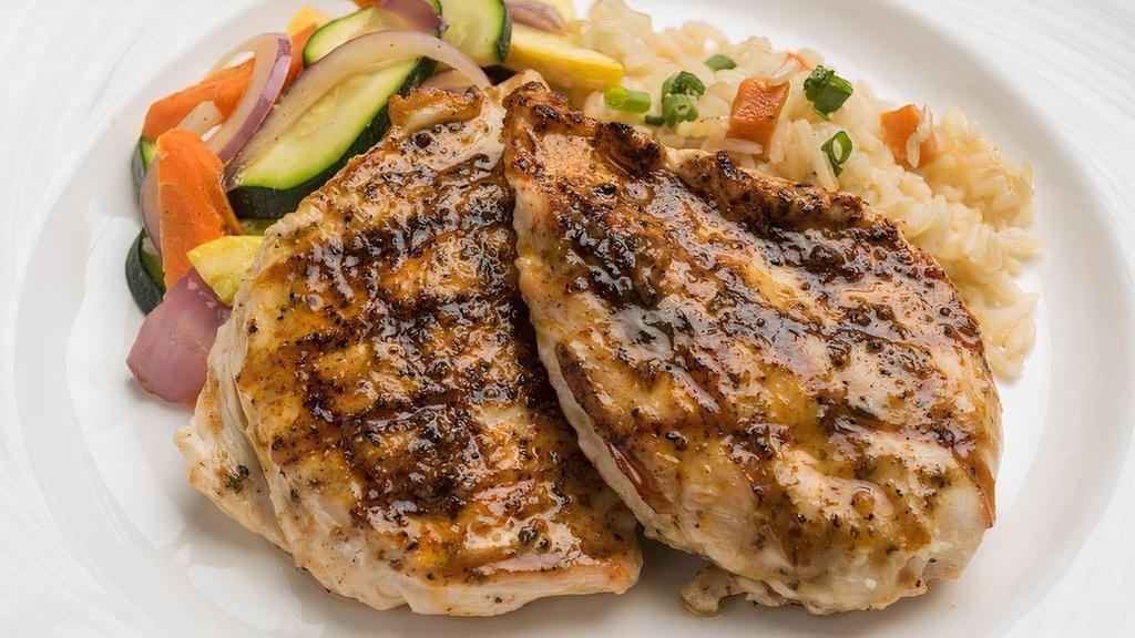 Grilled Chicken Breast · With rice & seasonal vegetable. This item can be prepared gluten free.
