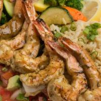 Grilled Shrimp · Lime marinade, avocado pico de gallo, seasonal vegetable. This item can be prepared gluten f...
