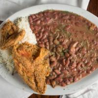 Red Beans · Our slow-cooked red beans served with white rice with your choice of fried chicken, grilled ...