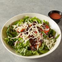 House Salad · Fresh green lettuce mix, tomatoes, black olives, red onions, bell peppers, shredded mozzarel...