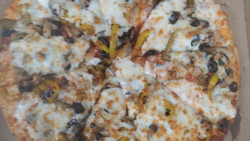 Veggie Pizza · Onions, Mushrooms, Green Peppers, Banana Peppers, Black Olives.