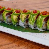 Sexy Roll · Salmon, white tuna, cucumber, crab stick, topped with tuna, avocado, jalapeño, dab of srirac...